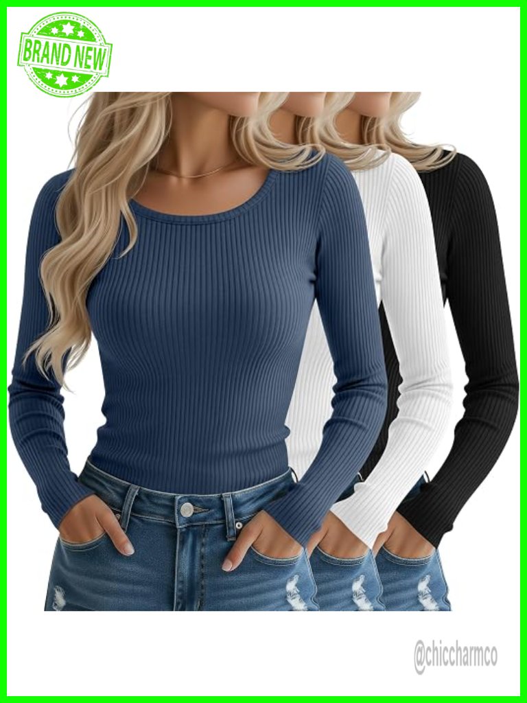 3 Pack Women's Long Sleeve Tees, Crew Neck Ribbed Knit Tops, Slim Fit Stretch
